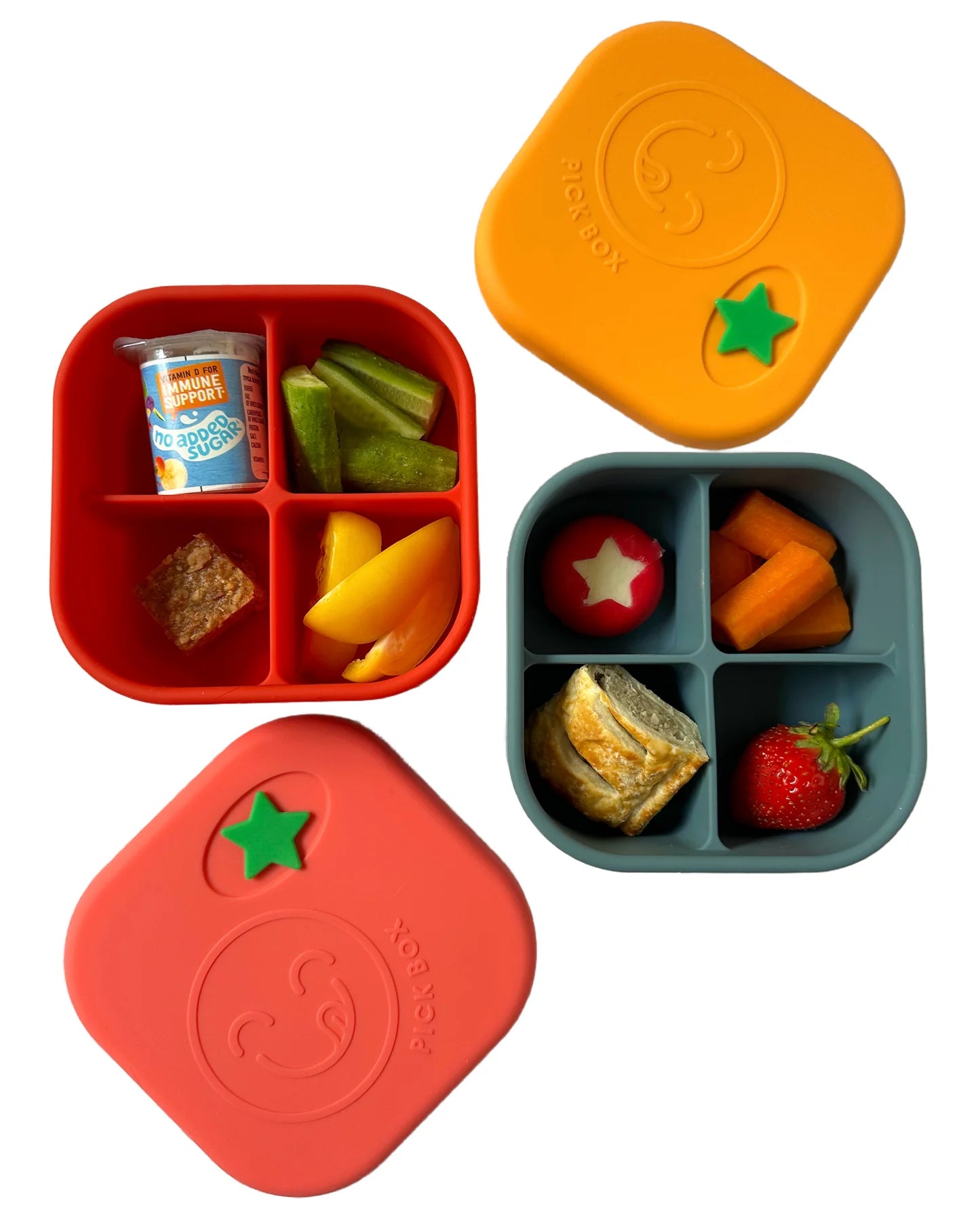 Silikonový Pick Box SNACK - 4 oddělení - žluto modrý