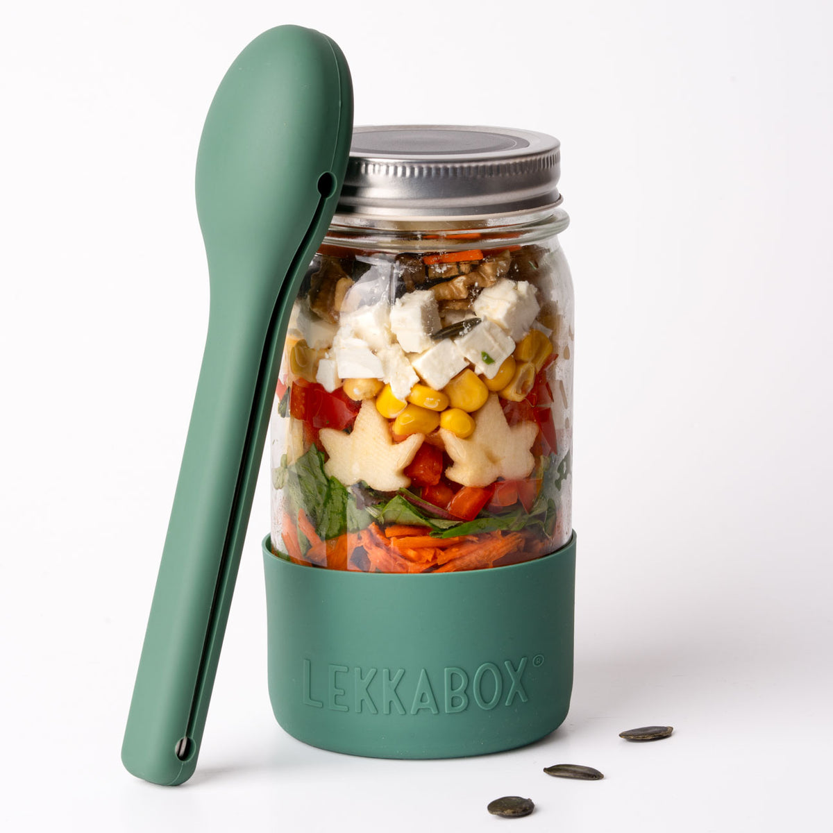 LEKKABOX Meal Prep – skleněná dóza s víčkem a silikonovým chráničem, 500 ml les