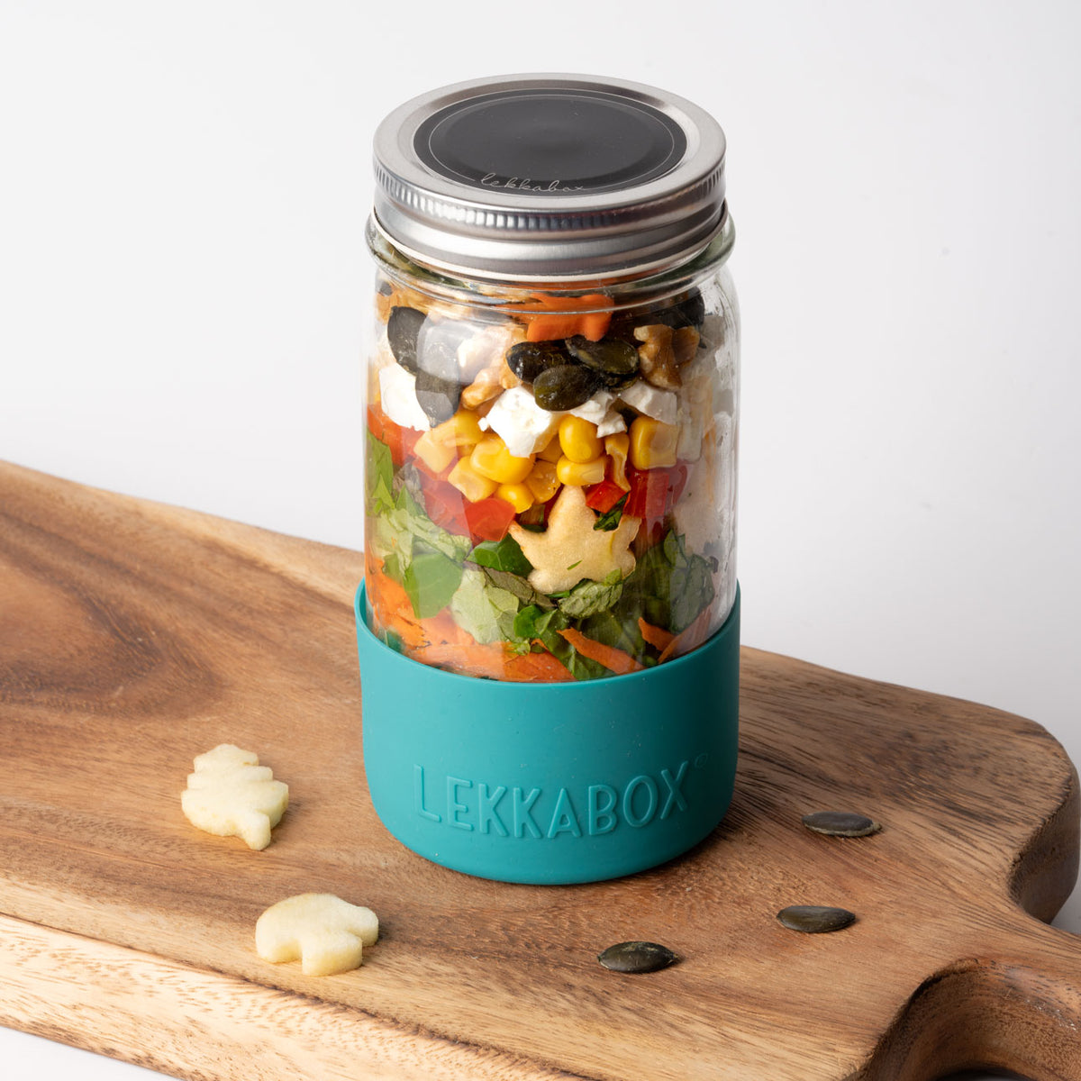 LEKKABOX Meal Prep – skleněná dóza s víčkem a silikonovým chráničem, 500 ml oceán