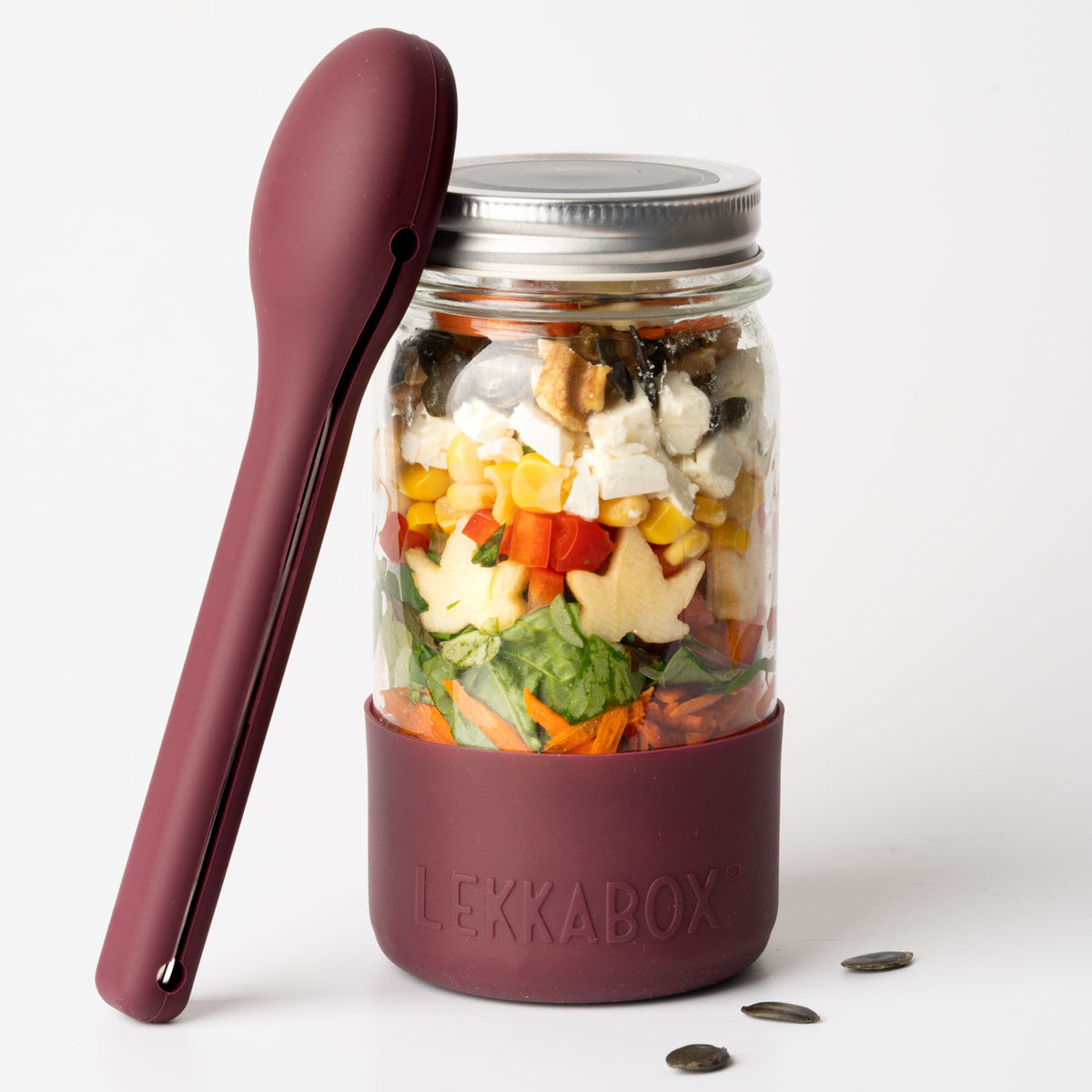 LEKKABOX Meal Prep – skleněná dóza s víčkem a silikonovým chráničem, 500 ml švestka