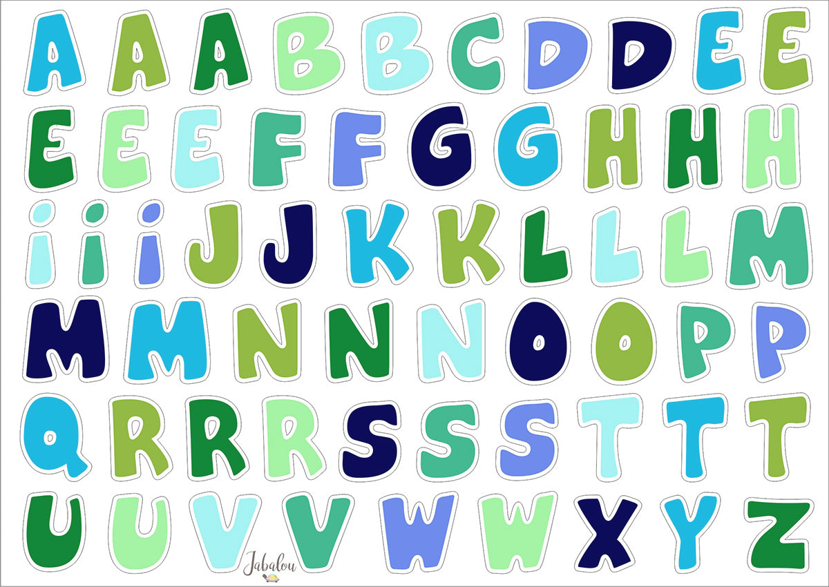 Voděoodolné nálepky písmenka zeleno-modré
