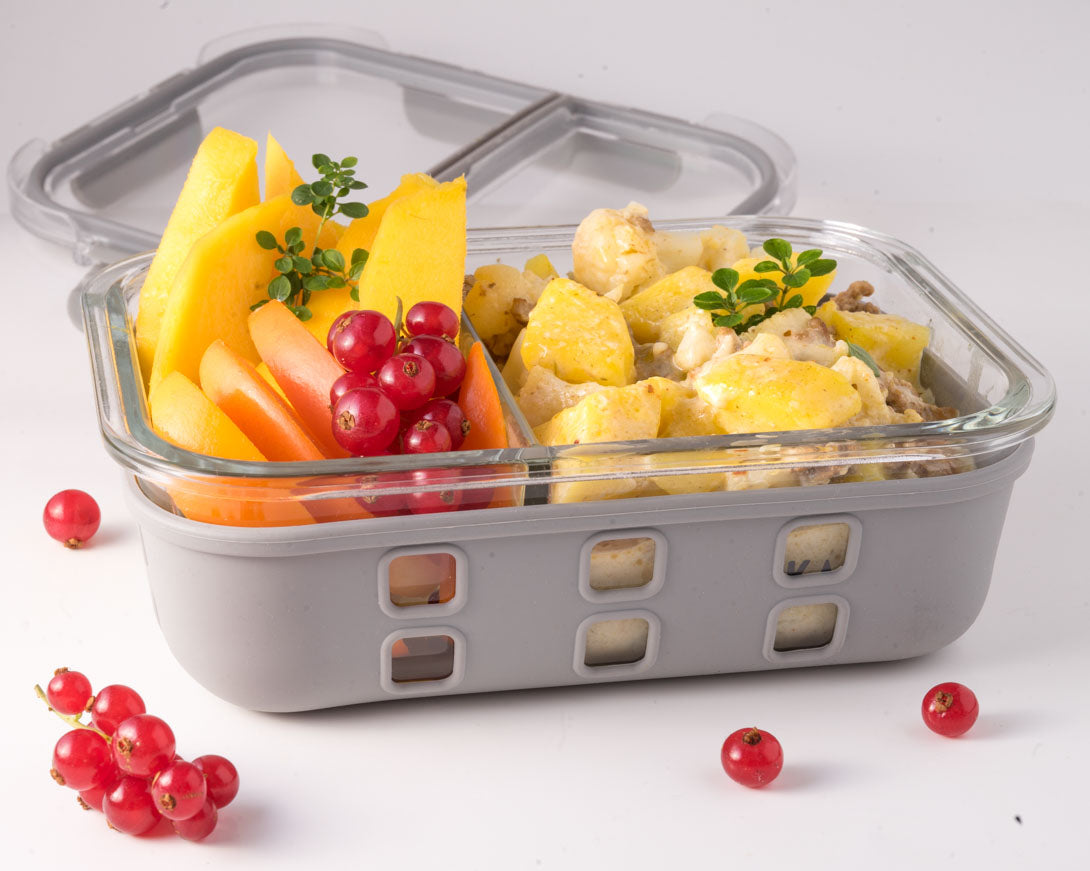 Lekkabox Prep Lunchbox 900ml se dvěma odděleními - sklo a silikonový chránič