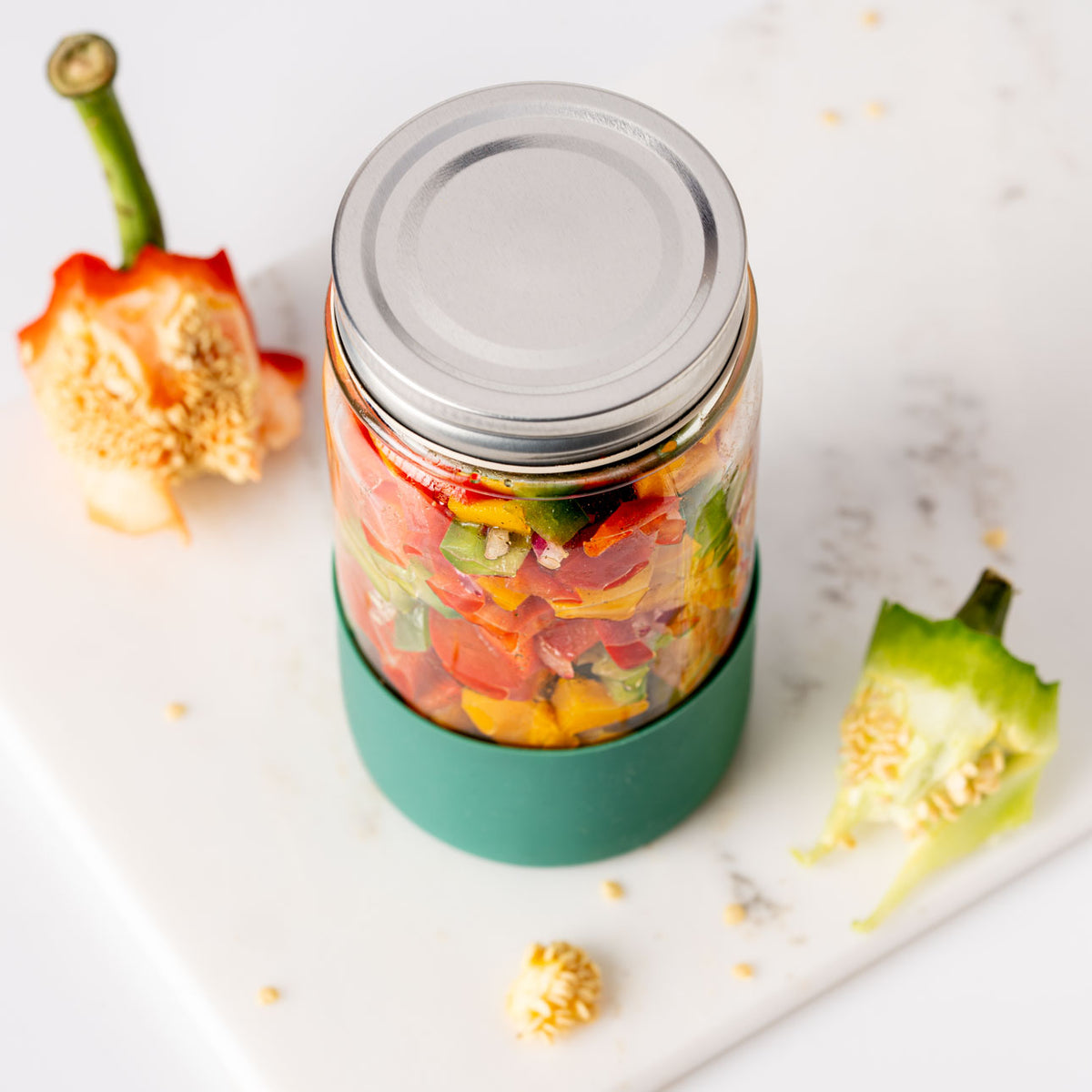 LEKKABOX Meal Prep – skleněná dóza s víčkem a silikonovým chráničem, 500 ml les