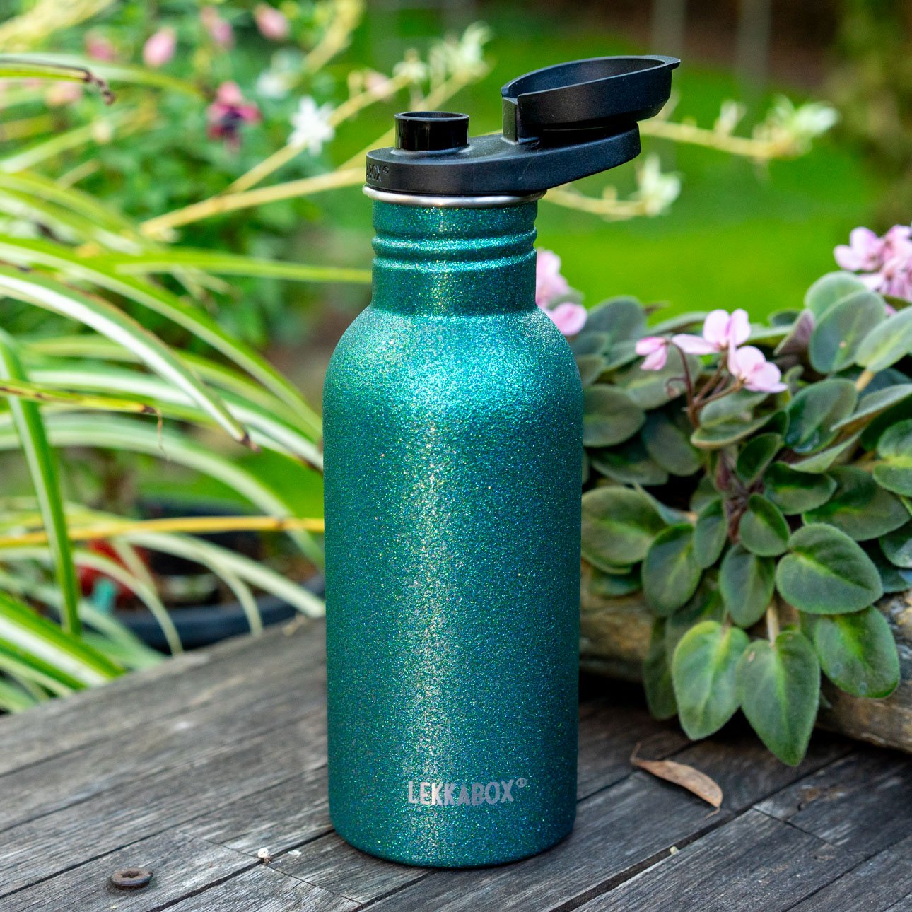 Lekkabox GO 500ml - lehká nerezová láhev - aqua se třpytkami